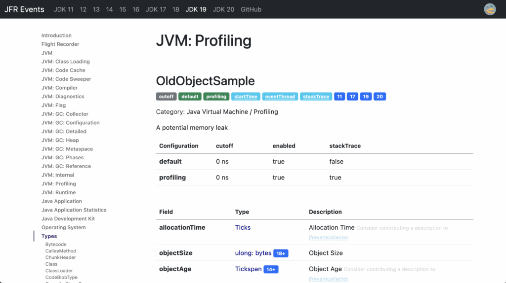 Screenshot of https://sapmachine.io/jfrevents