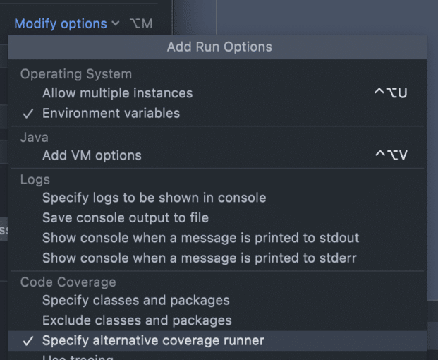 Specify alternative coverage runner in IntelliJ