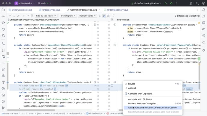 IntelliJ IDEA showing a diff in a file with a checkbox in the gutter of the changed file. The context menu shows the option 'Split Chunk and Include Current Line into Commit' highlighted.