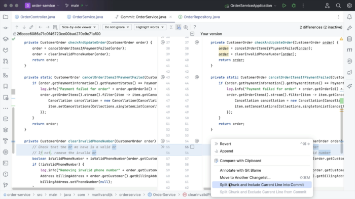 IntelliJ IDEA showing a diff in a file with a checkbox in the gutter of the changed file. The context menu shows the option "Split Chunk and Include Current Line into Commit" highlighted.