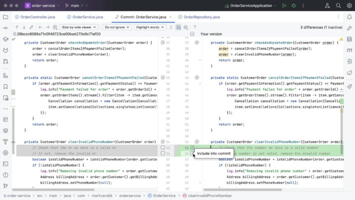 IntelliJ IDEA showing a diff in a file. There are multiple checkboxes in the gutter of the changed file. A tooltip on one of the checkboxes shows 'Include into commit'.