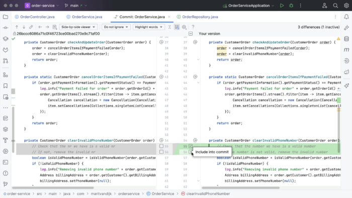 IntelliJ IDEA showing a diff in a file. There are multiple checkboxes in the gutter of the changed file. A tooltip on one of the checkboxes shows "Include into commit".