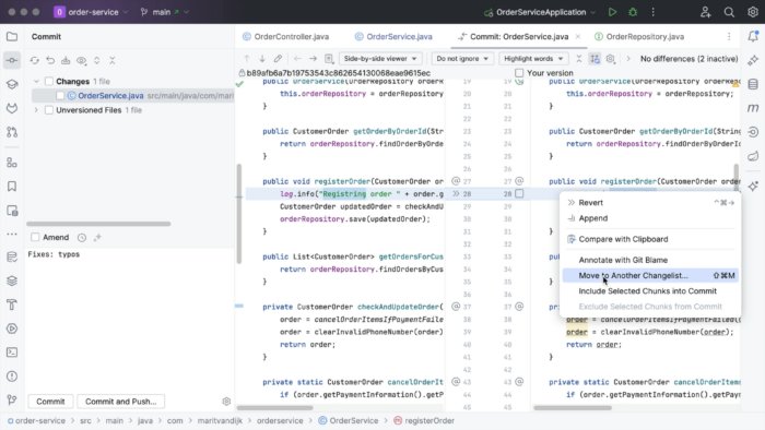 IntelliJ IDEA showing a diff in a file with a checkbox in the gutter of the changed file and a context menu with the option 'Move Lines to Another Changelist' highlighted.
