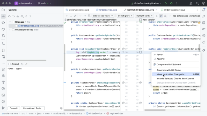 IntelliJ IDEA showing a diff in a file with a checkbox in the gutter of the changed file and a context menu with the option "Move Lines to Another Changelist" highlighted.