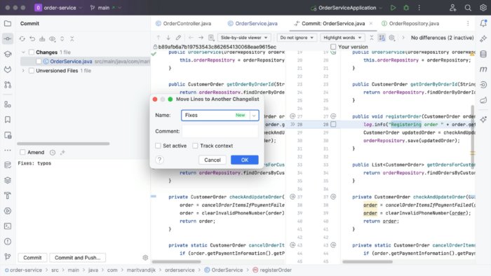 IntelliJ IDEA showing a diff in a file with a popup on top. The popup is titled Move Lines to Another Changelist and the new changelist is named 'Fixes'.
