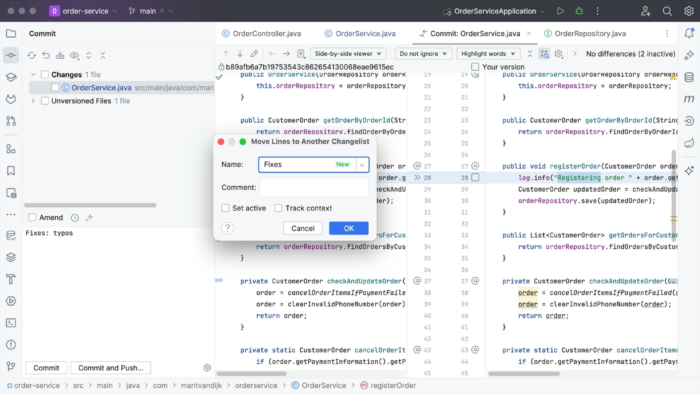 IntelliJ IDEA showing a diff in a file with a popup on top. The popup is titled Move Lines to Another Changelist and the new changelist is named "Fixes".