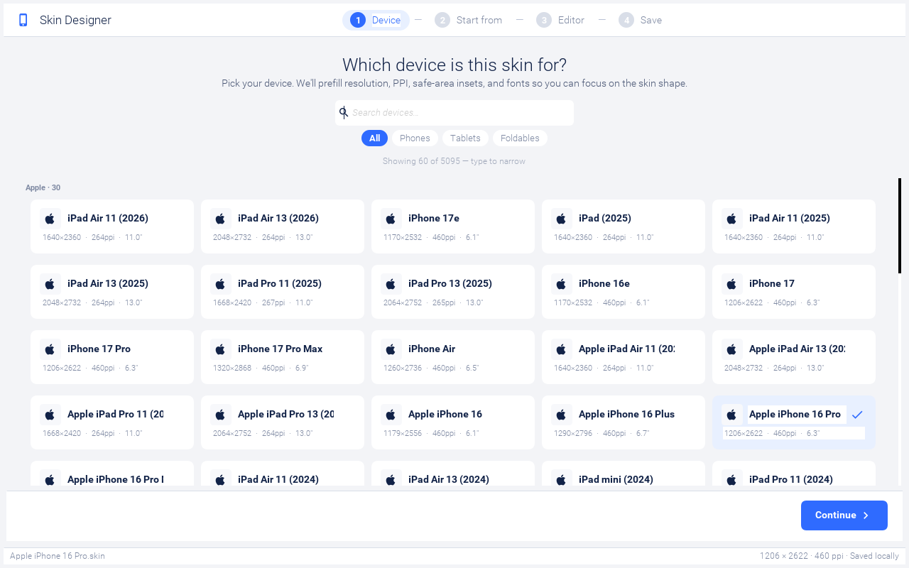 Skin Designer stage 1, device picker