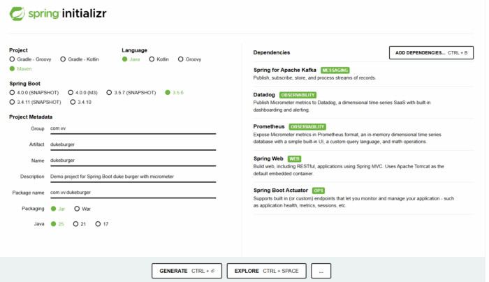 Spring initializer for Micrometer & Prometheus in Spring Boot: Kafka Burger Orders