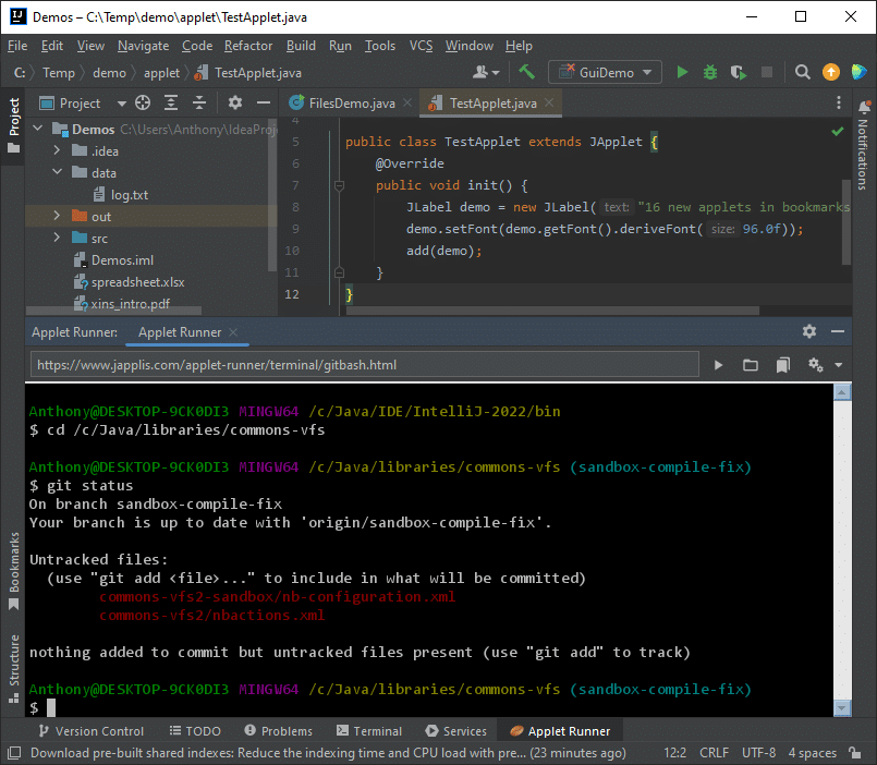 Git Bash running in JetBrains IntelliJ IDEA