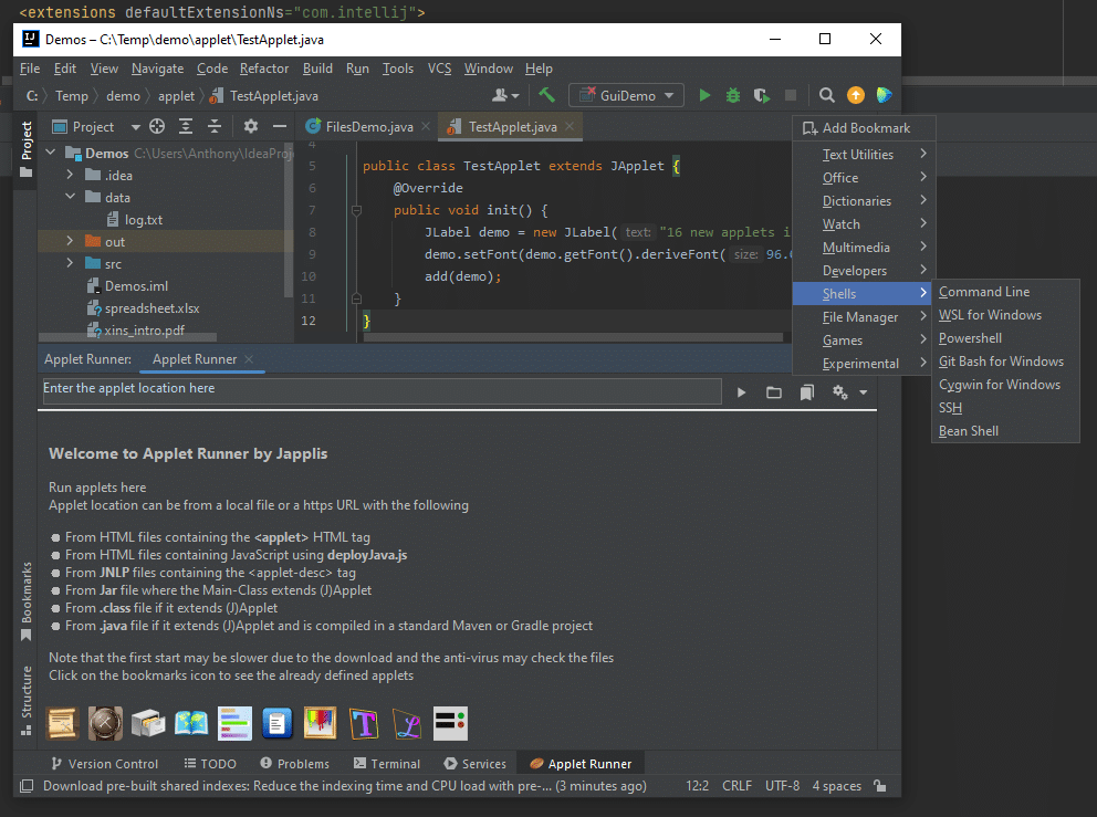 Shells menu in Applet Runner plug-in bookmarks