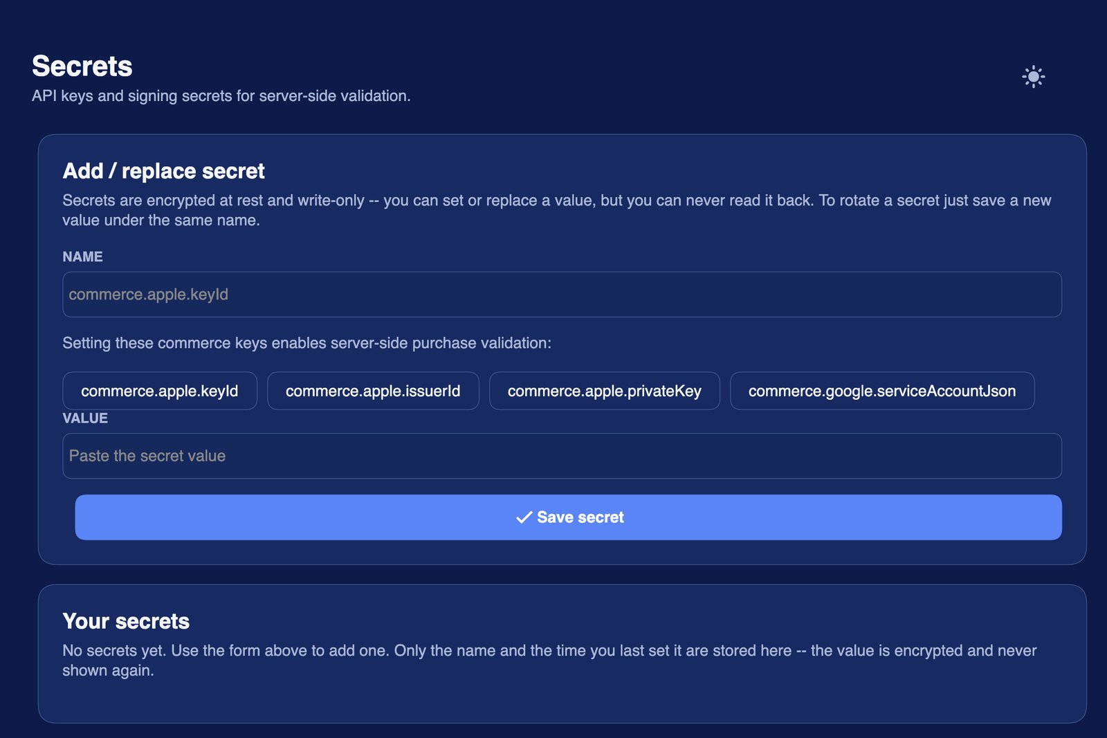 Secrets dashboard for cloud-managed app secrets