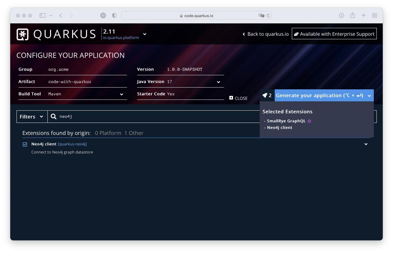 neo4j graphql quarkus code.quarkus.io