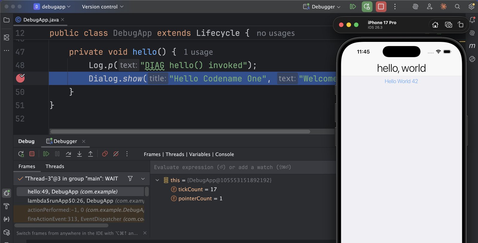 IntelliJ stopped at a breakpoint inside a Codename One iOS app, with locals and the running simulator visible