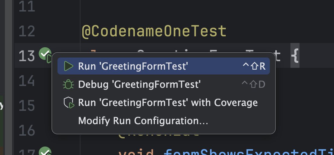 IntelliJ gutter run menu showing Run, Debug, Run with Coverage for GreetingFormTest