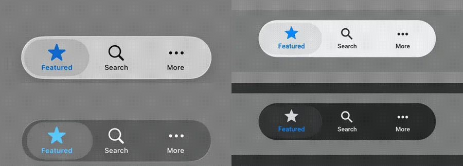 Native and Codename One iOS 26 tab lens animations in light and dark appearance