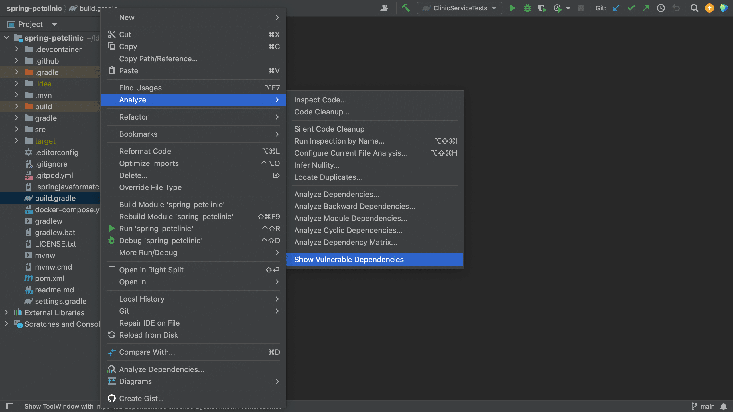 Open Vulnerable Dependencies tool window from build.gradle Open Vulnerable Dependencies tool window from build.gradle