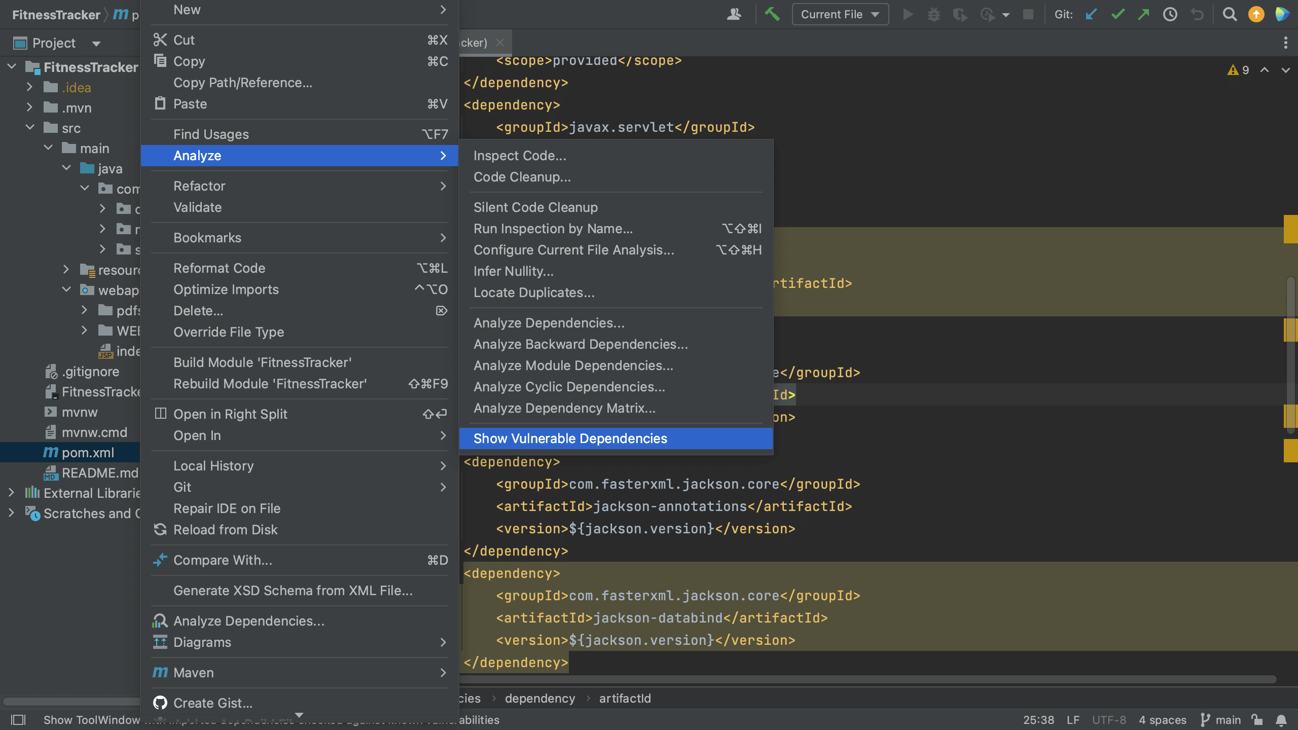 Open Vulnerable Dependencies tool window from pom.xml Open Vulnerable Dependencies tool window from pom.xml