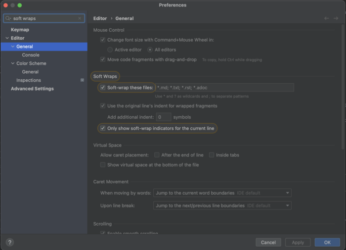 Configure soft-wrap in IntelliJ IDEA Preferences