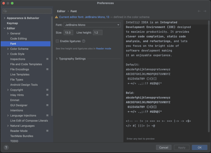 Configuring font and font size in IntelliJ IDEA Preferences