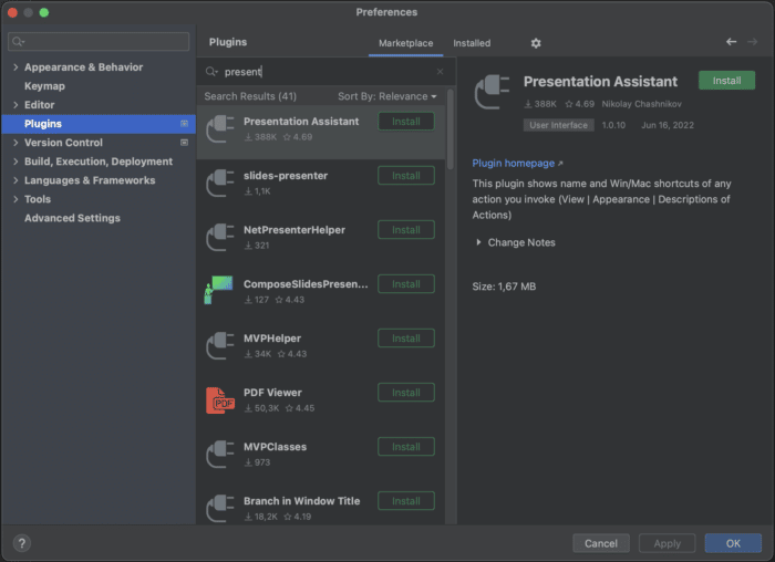 Installing the Presentation Assistant plugin in IntelliJ IDEA Preferences