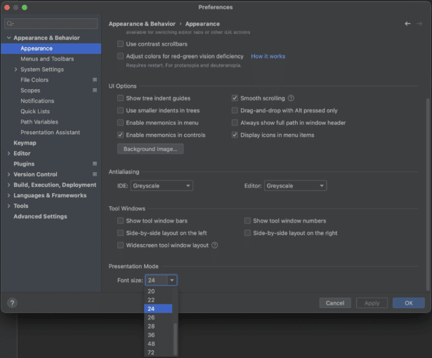 Configuring Presentation Mode Font Size in IntelliJ IDEA Preferences