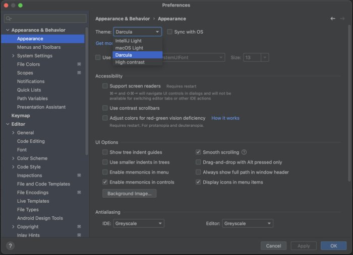 Selecting a Theme in IntelliJ IDEA Preferences