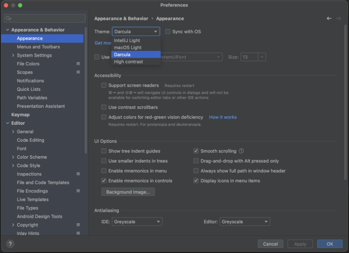 Selecting a Theme in IntelliJ IDEA Preferences
