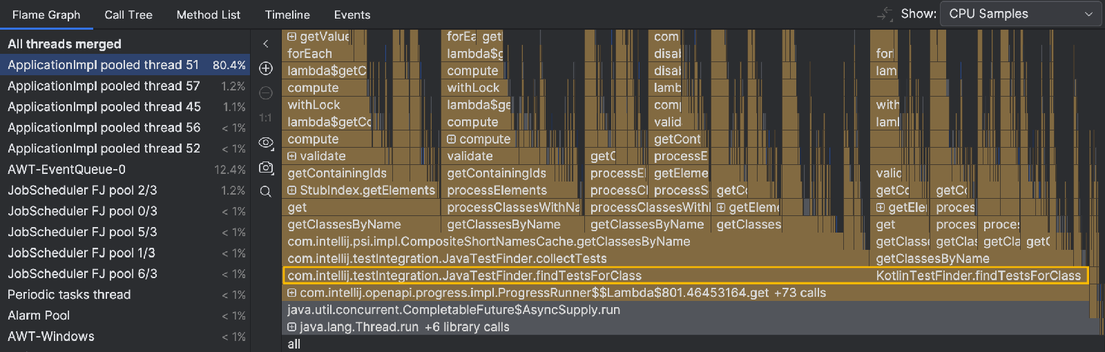 Flame graph with two highlighted methods that occupy almost the entire graph’s width