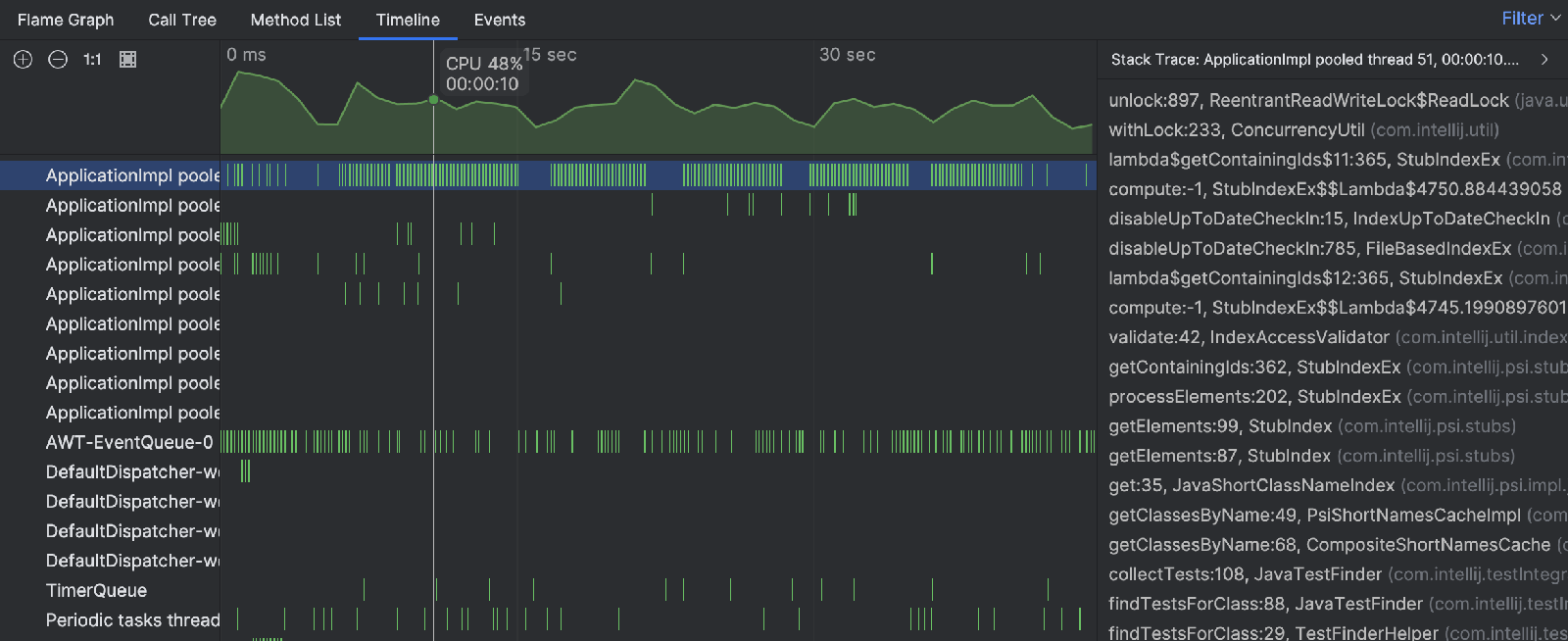 Clicking a colored bar shows the stack trace in the right-hand side of the tool window