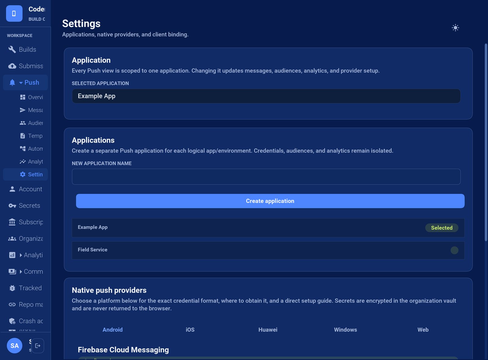 Push application settings and provider credentials