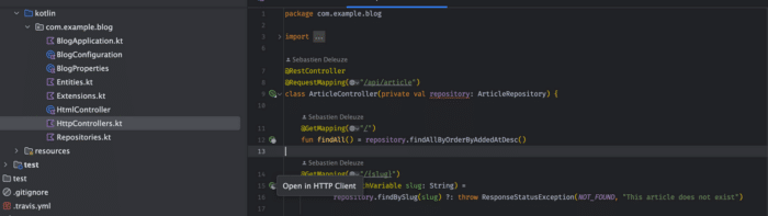 The "Open in HTTP Client" option in the gutter of our IDE