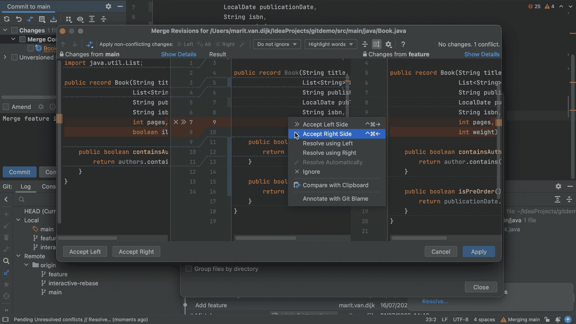 Right-click merge context menu