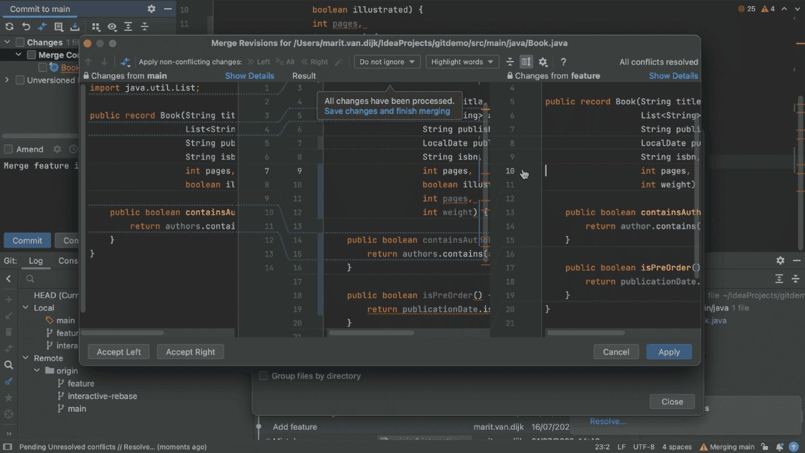 Apply changes and finish merging