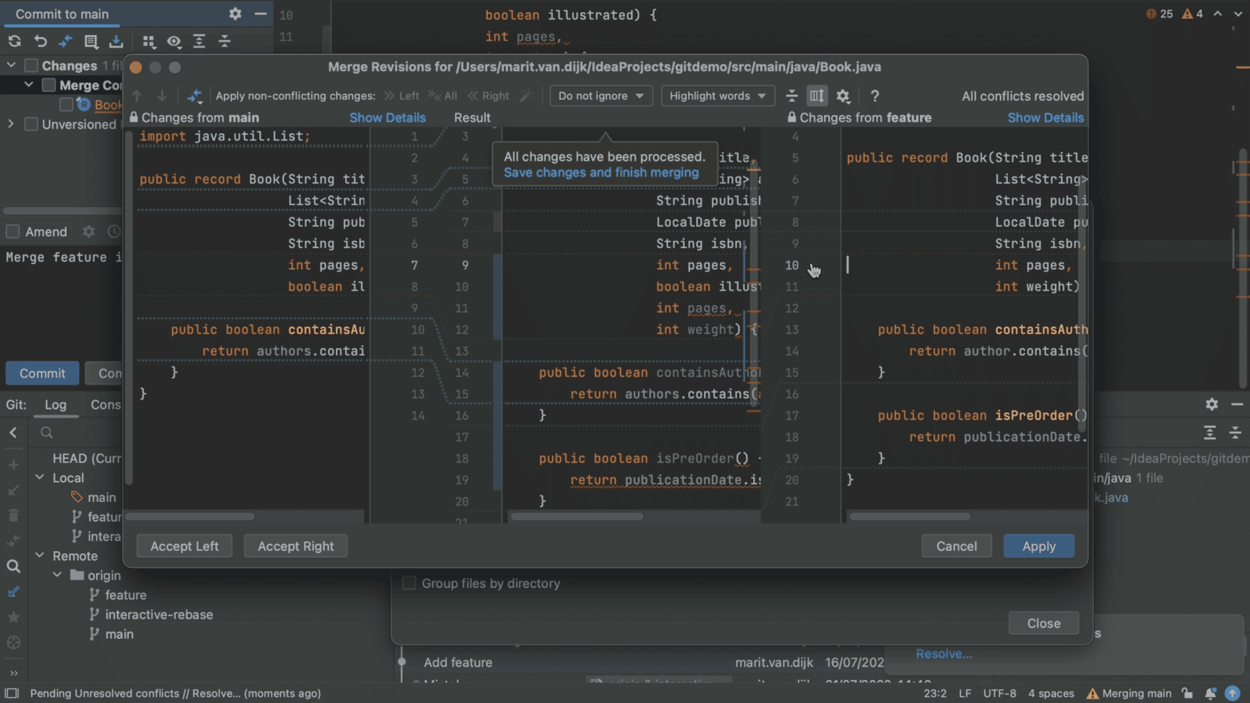 Apply changes and finish merging
