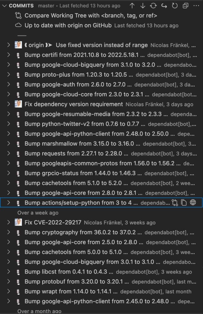 Git view with GitLens extension