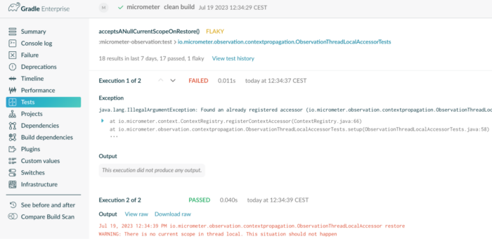 Screenshot of a test failure probably caused by two tests using the same resources
