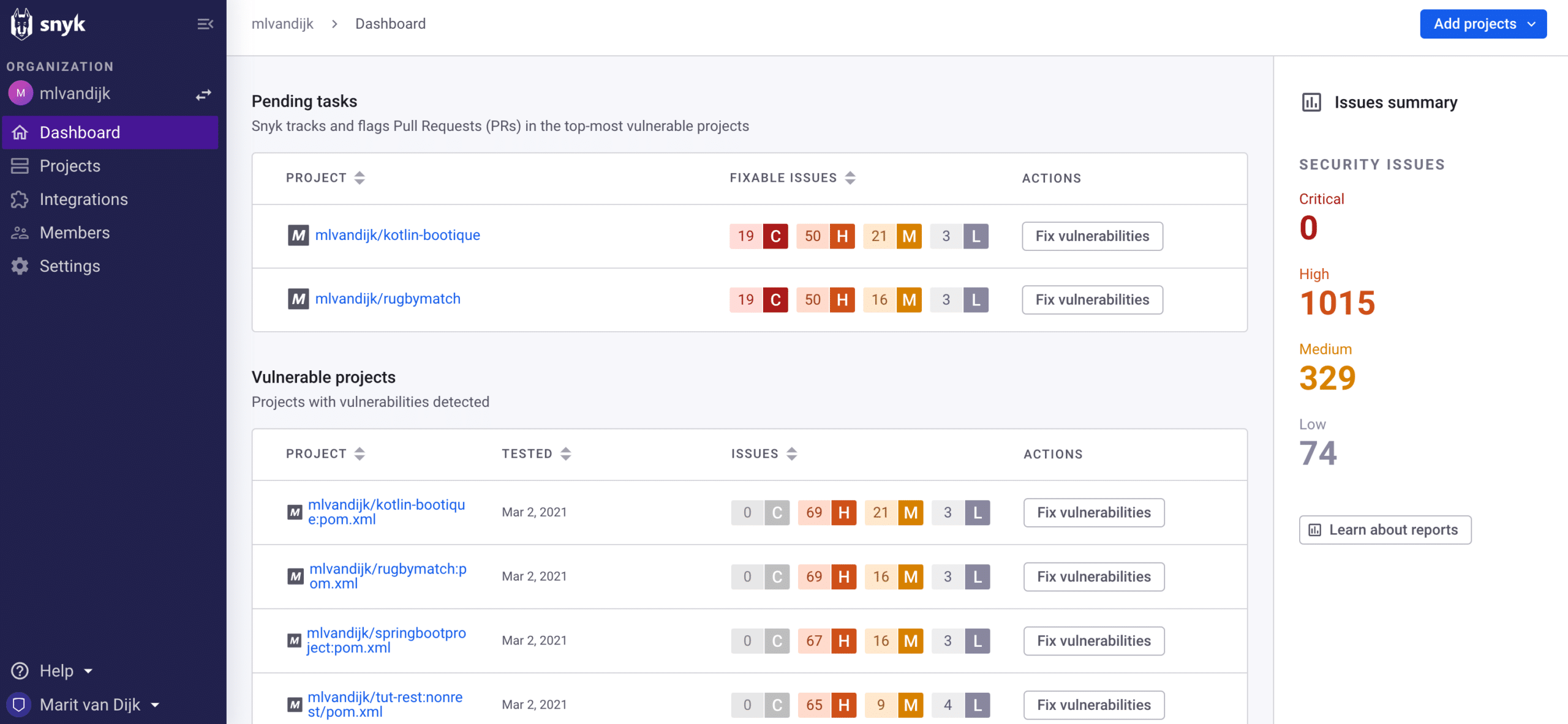 Snyk Open Source Dashboard