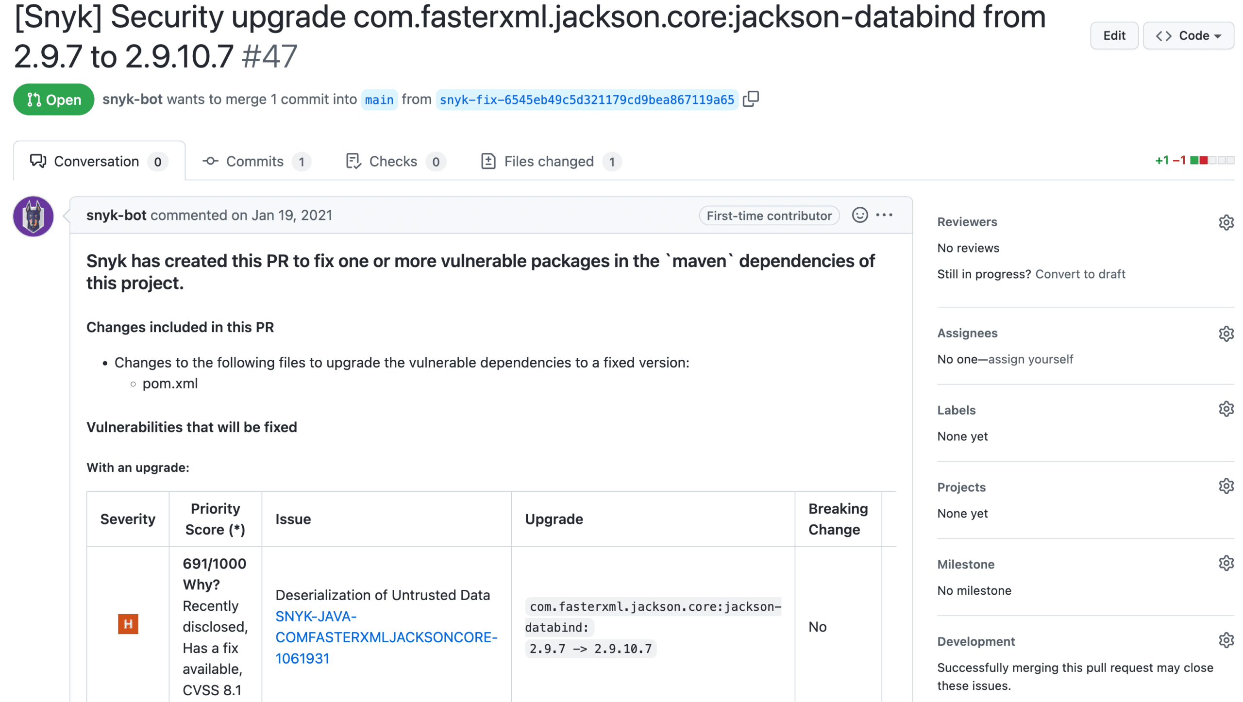 Snyk Open Source pull request