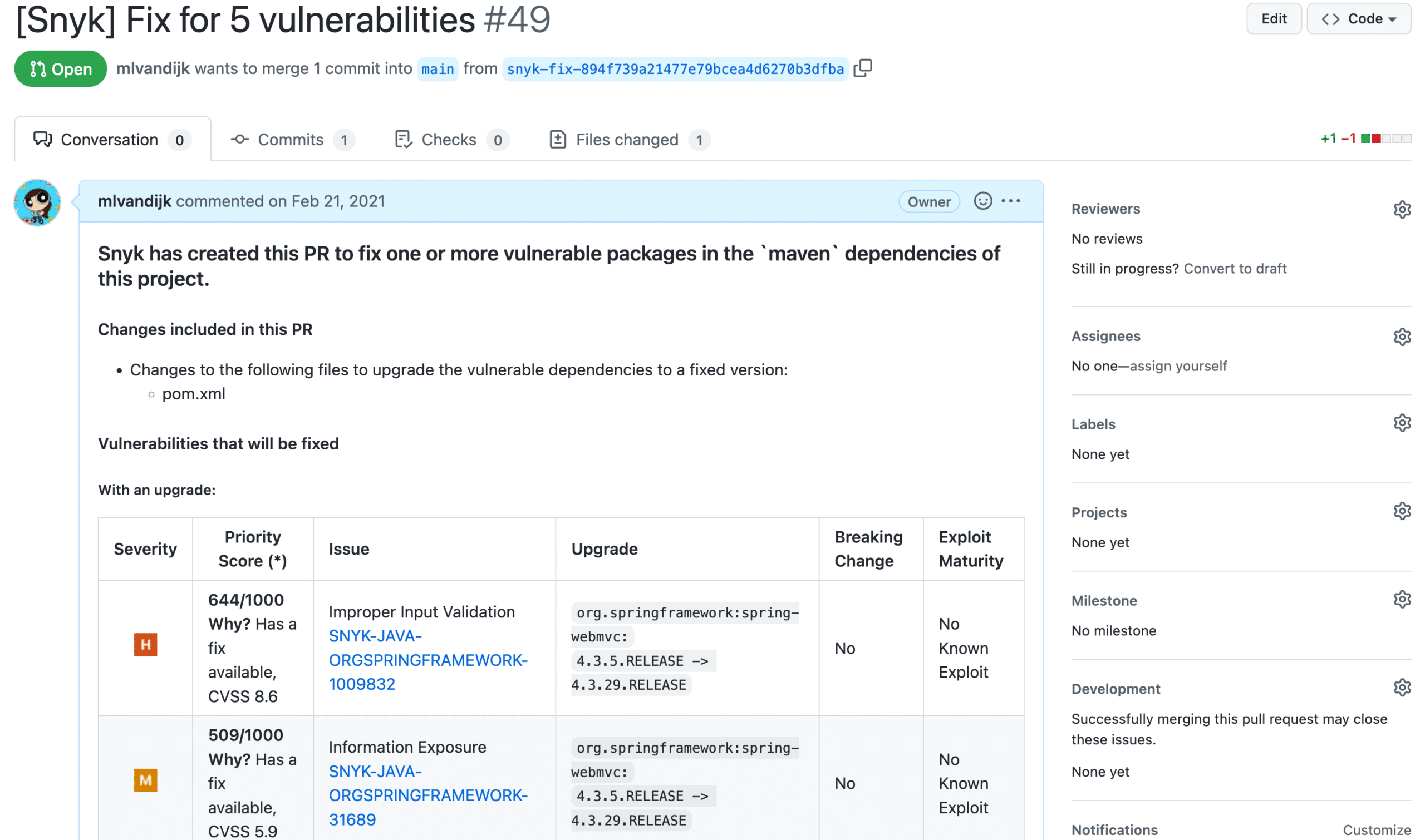 Snyk Open Source combined PR