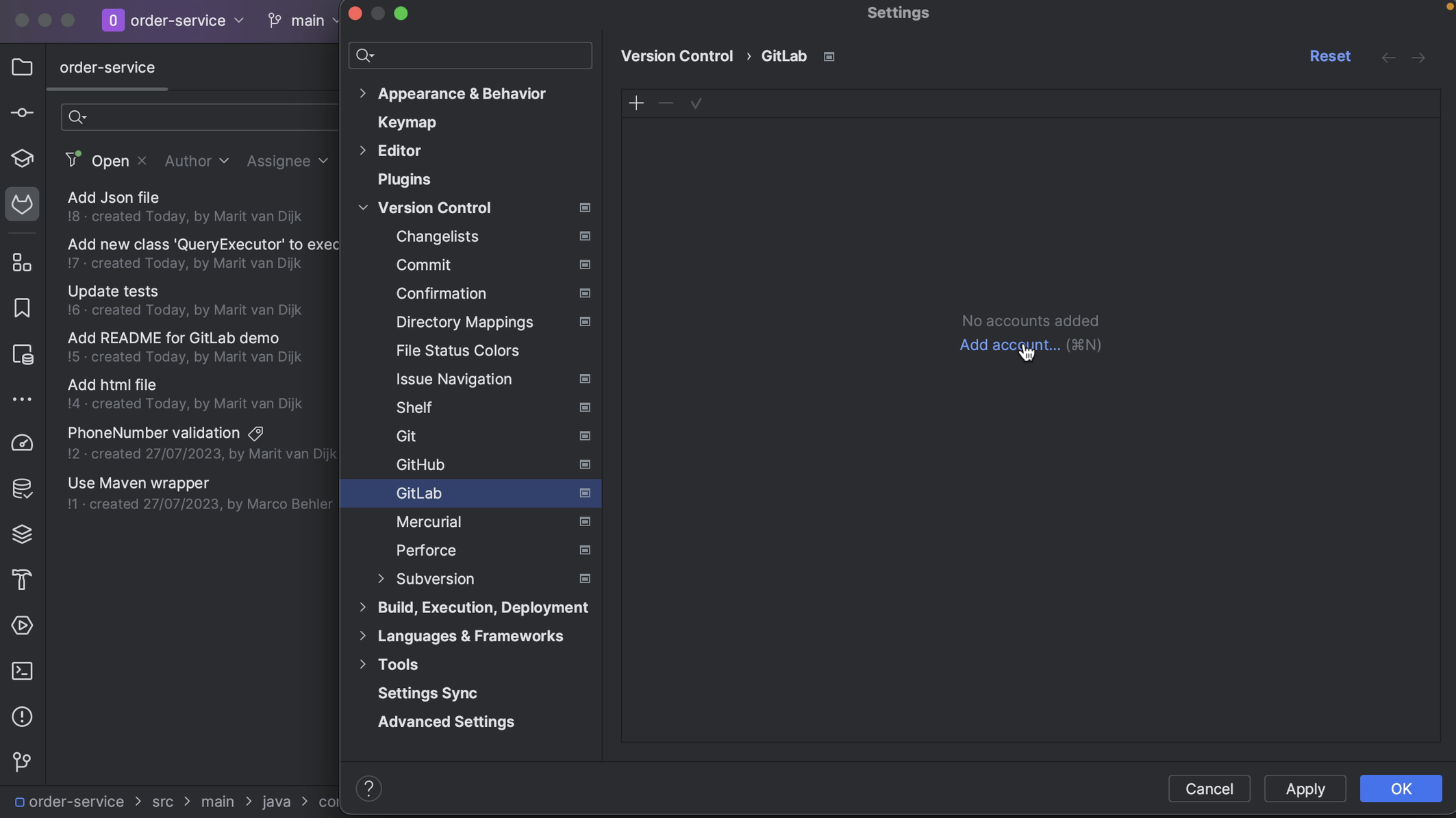 Add GitLab account in Settings
