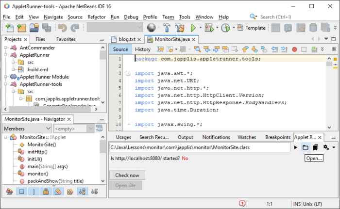 Monitoring applet running in NetBeans